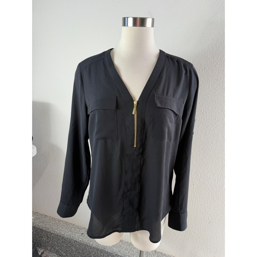 Express Womens Medium Black V Neck Zip Front Roll Tab Sleeve Blouse